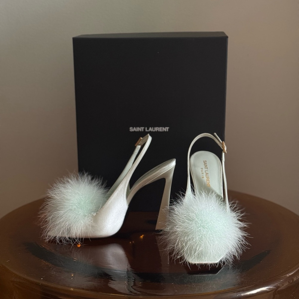Saint Laurent Mae Slingback Sandals Heels with Feathers in Slight Green Size 38